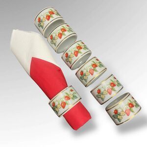 8 pc Avon Strawberry White Gold Rim Porcelain Footed Napkin Rings Holders Brazil